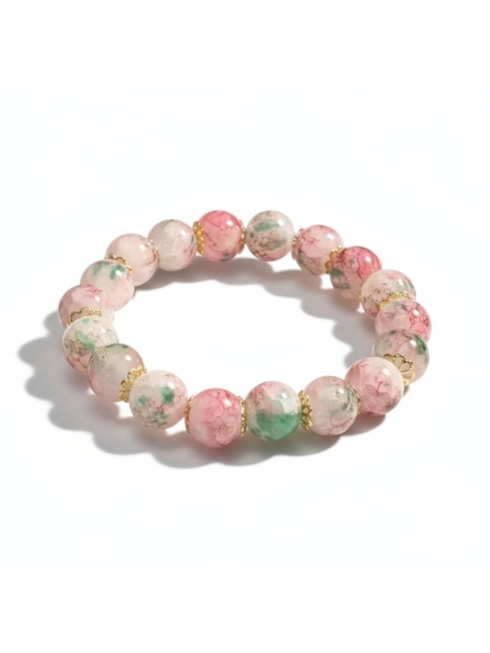 Crackled Glass Ombre Cherry Blossom Bracelet - Pink & Green Floral Stretch Brace - Picture 9 of 9